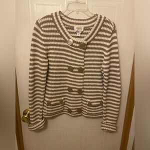 Talbots Striped Tan and Cream Double Button Cardigan Sweater